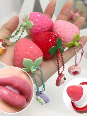 Handmade Strawberry Lip Balm Gloss Keychain Bag Charm Accessory